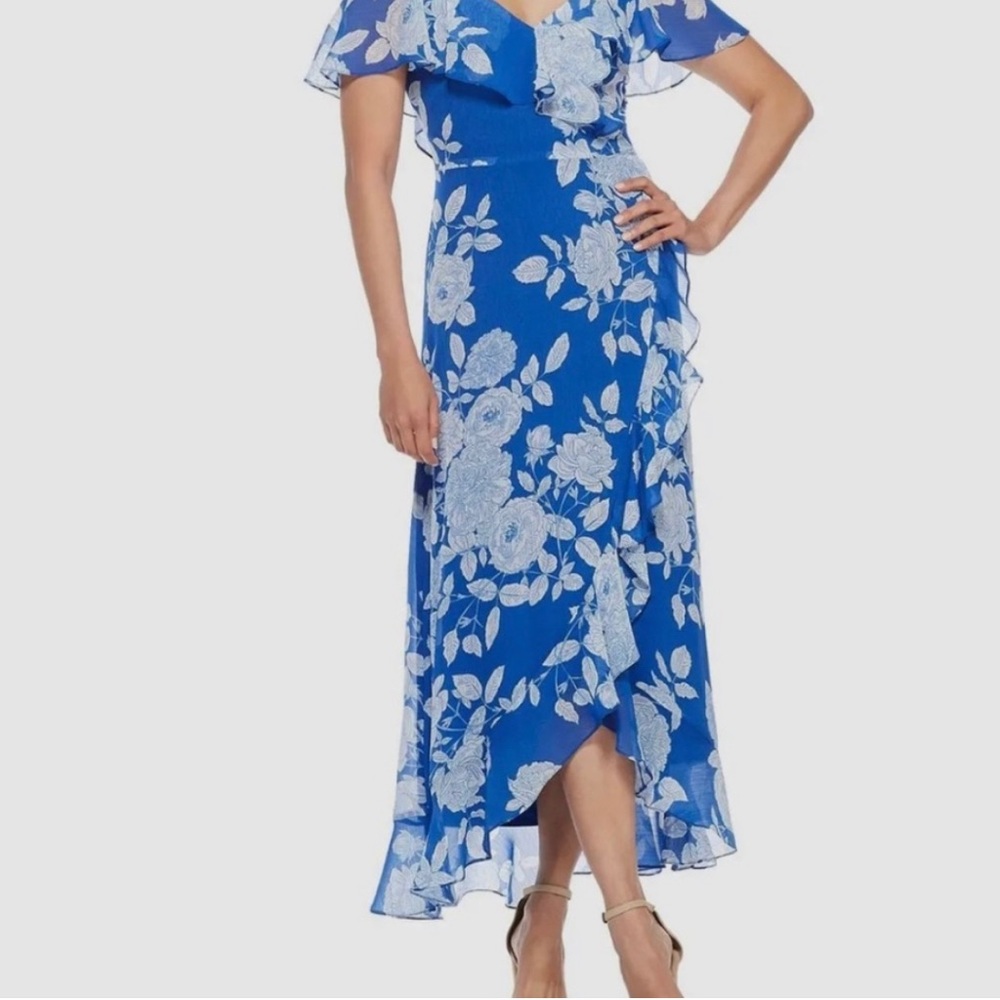 London Times Royal Blue Floral Ruffle Maxi Dress